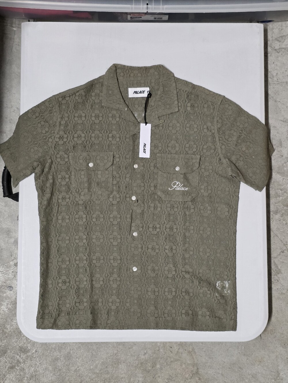 Palace Geometric Lace Green Button-Up Shirt Short Sleeve Pockets Men's Size M